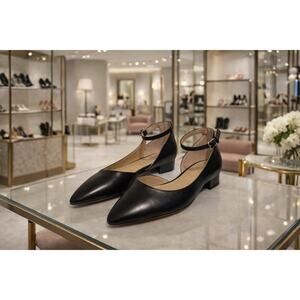 Franco Sarto Black Leather d’Orsay Ankle Strap Flats Slides .5” Heel 9.5M Office